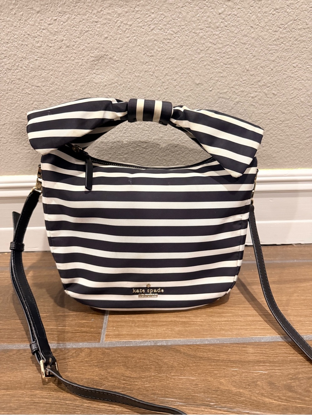 Kate Spade Black and White Striped Bow-Top Crossbody Shoulder Bag